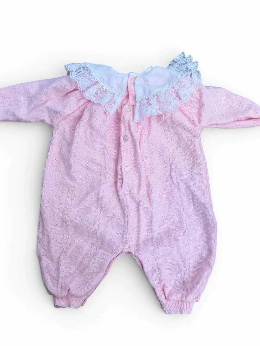 b.t. kids Pink Heirloom Knit Romper 3-6M Lace Collar Smocked Baby Bubble Outfit - Picture 3 of 6